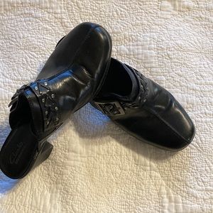 Clarks black mules size 10